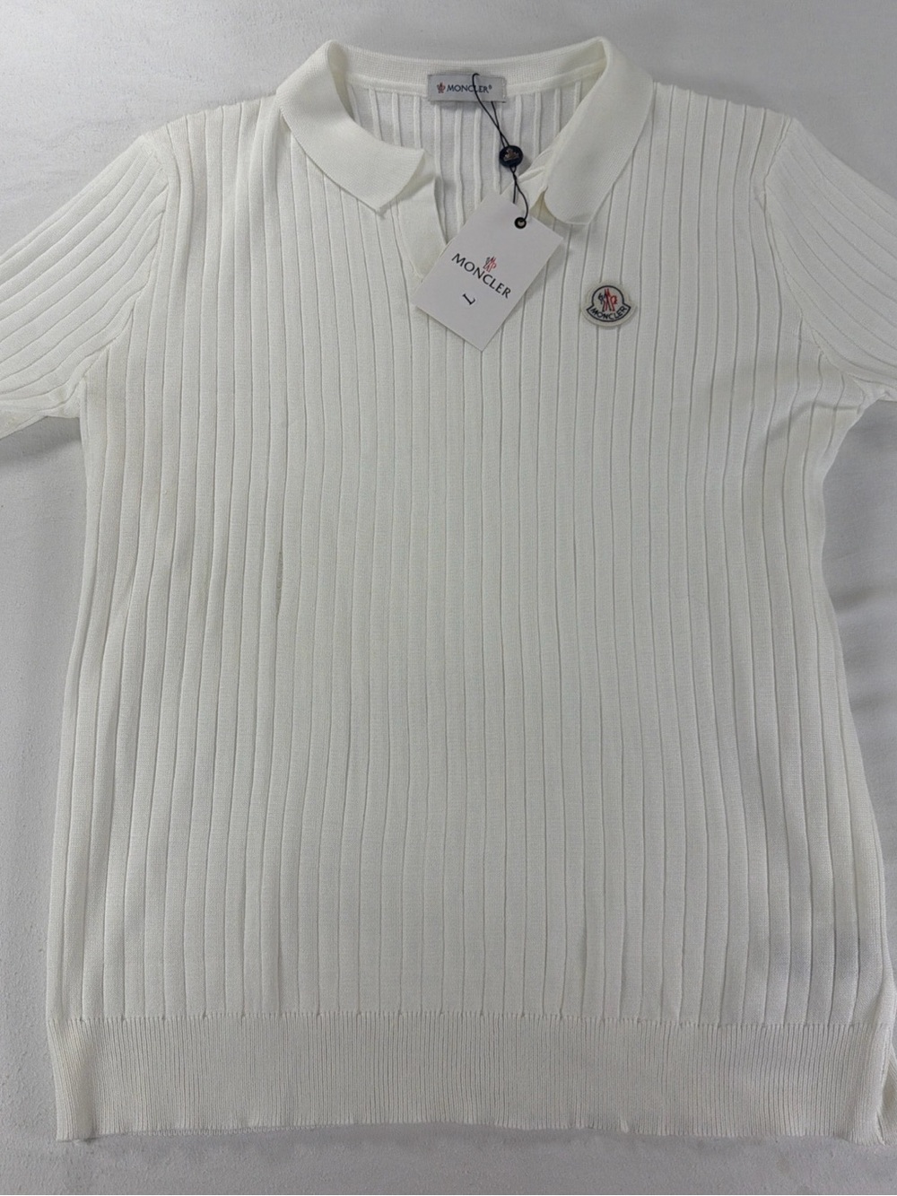 Moncler White Ribbed Polo Shirt